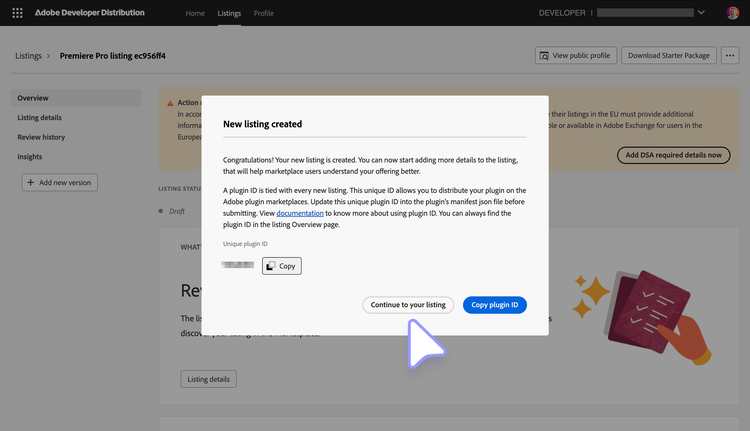 Developer Distribution - Create a new listing