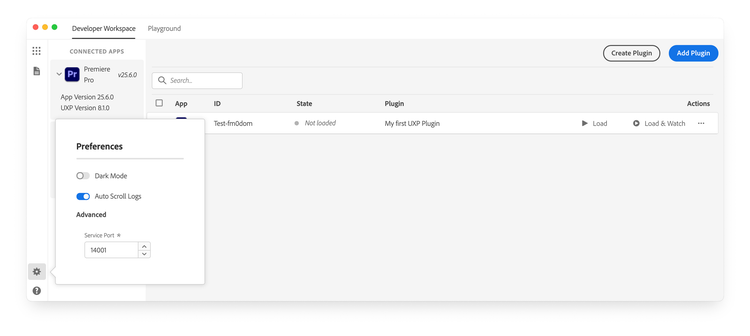 UDT Preferences showing Theme, Auto Scroll Logs, and Service Port settings