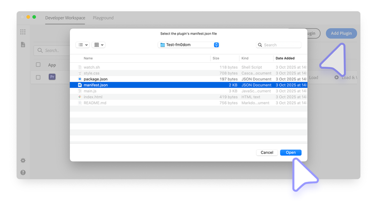 Selecting a plugin manifest to add to UDT