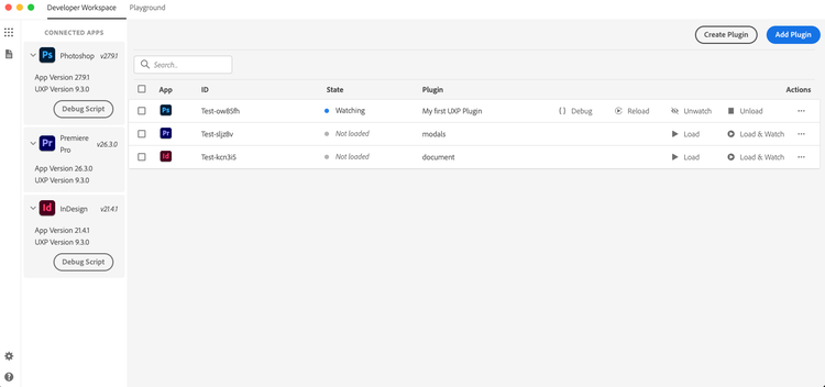 The UXP Developer Tool workspace with Photoshop, Premiere Pro, and InDesign listed under Connected Apps
