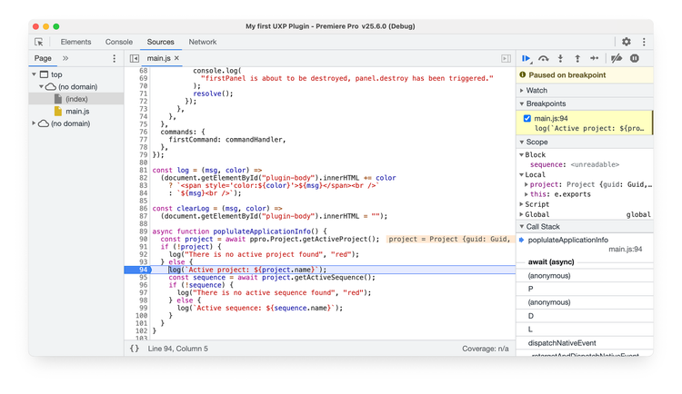 The UDT debugger showing developer tools