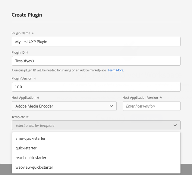The Create Plugin dialog configured for Media Encoder with the ame-quick-starter template selected