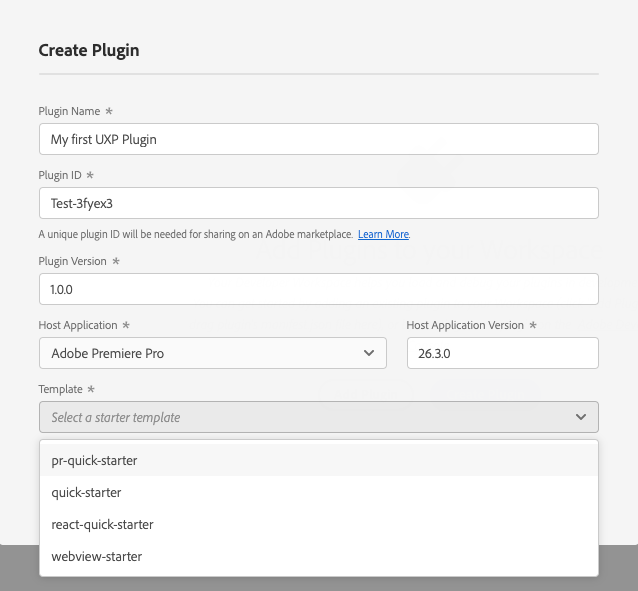 The Create Plugin dialog configured for Premiere with the Premiere quick starter template selected