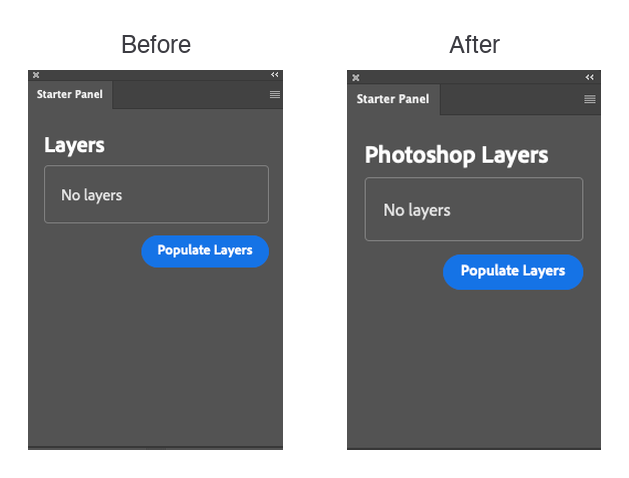 The starter panel before and after the edit, with the heading changing from Layers to Photoshop Layers