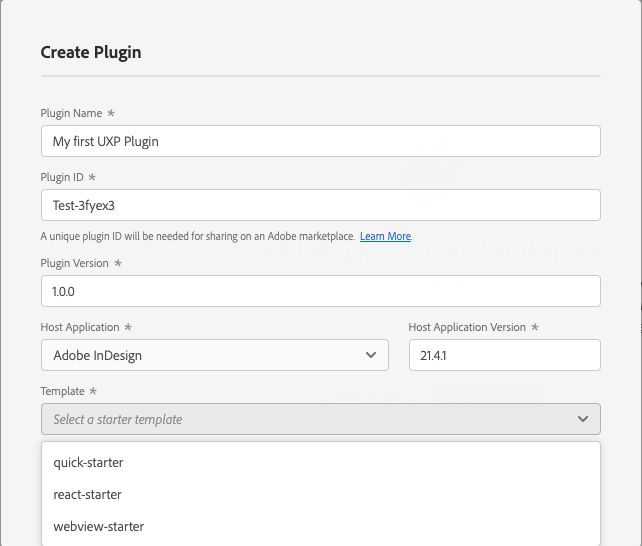 The Create Plugin dialog configured for InDesign with the quick starter template selected