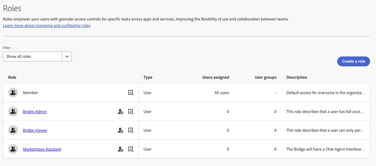 Marketplace Assistant role listed in the Admin Console Roles page
