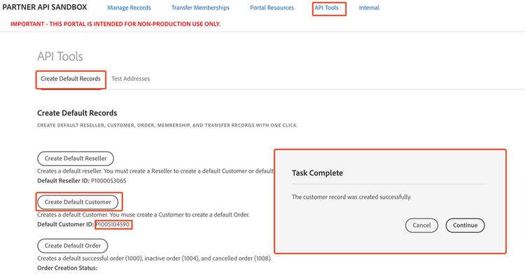 Creating Default Customer in Sandbox Portal