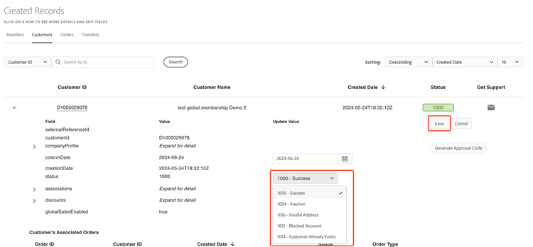 Edit customer status
