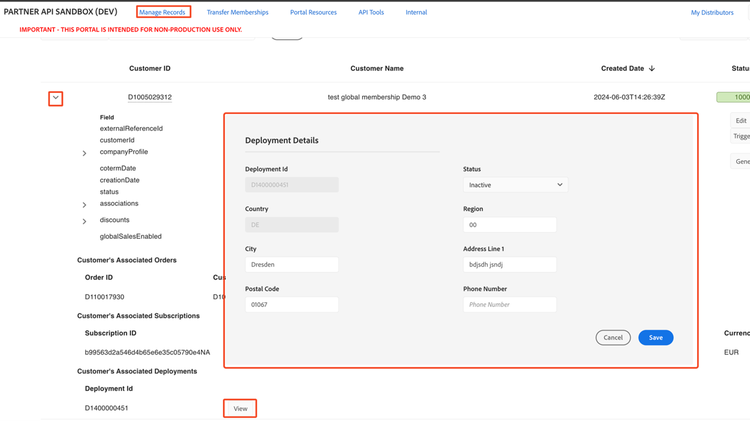 Editing a deployment from the Sandbox Portal