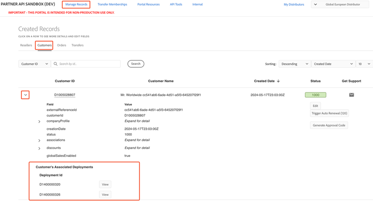 Viewing customer's associated deployments in Sandbox Portal