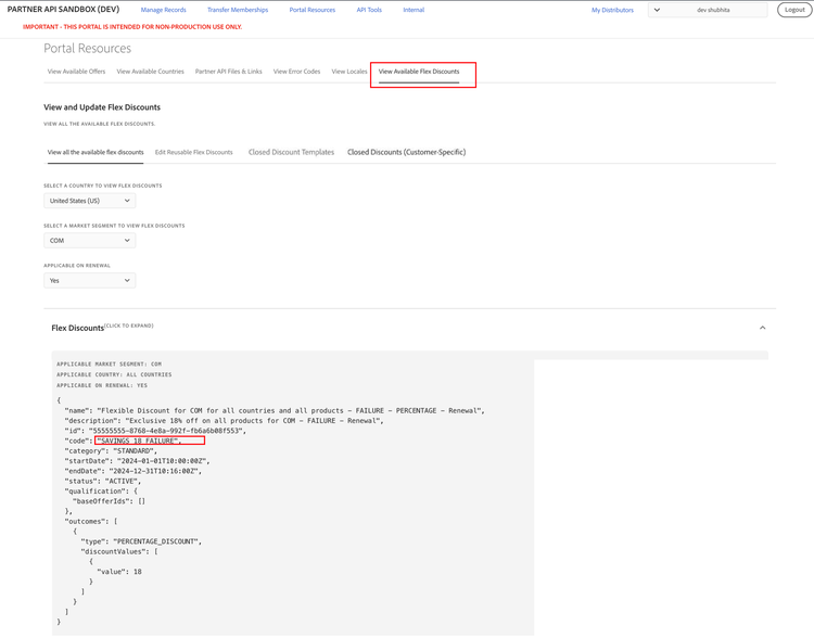 Flex discounts with name and code with the term FAILURE in it