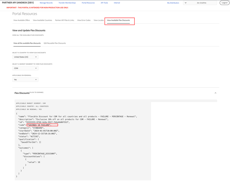 Flex discounts with name and code with the term FAILURE in it