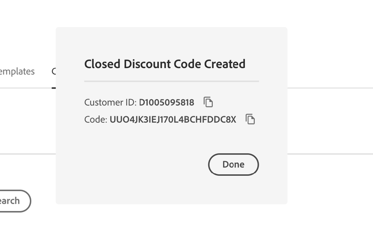 Closed discount code created