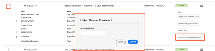 Enrolling in a Linked Membership by providing an approval code
