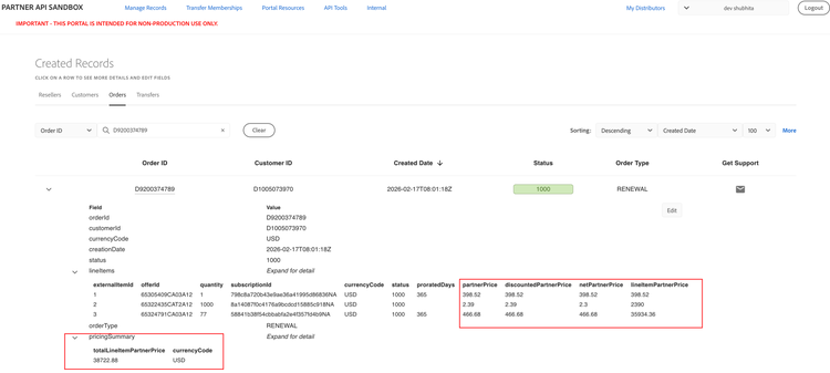 Pricing information in order details