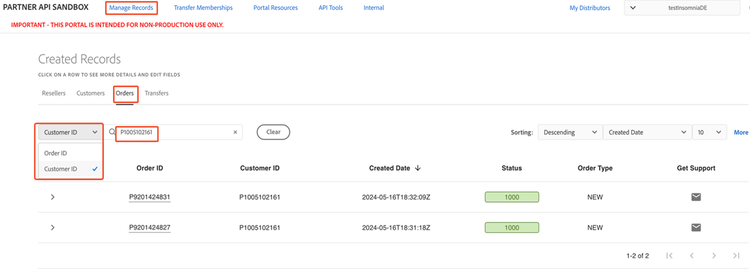 Viewing Orders associated with a customer from the Orders tab