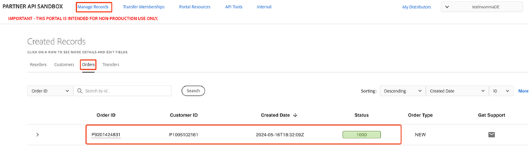 Viewing created orders in the Sandbox Portal