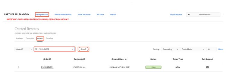 Searching for an order in Sandbox Portal