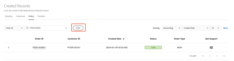 Clearing order search selection