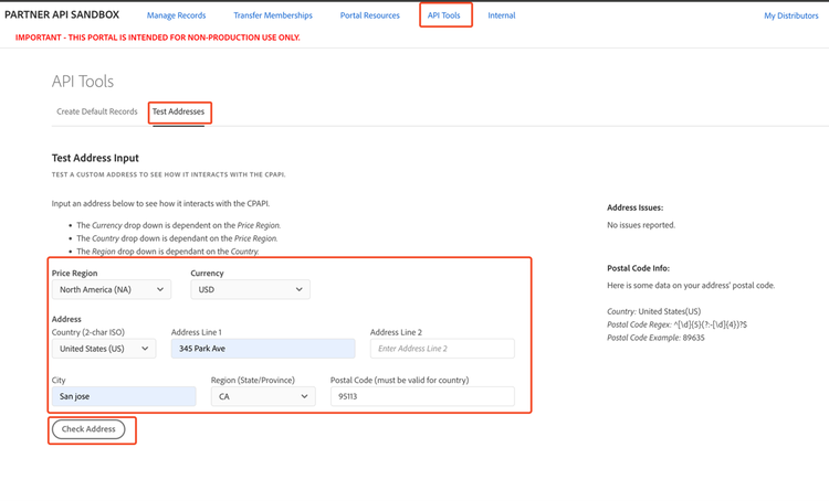 Check address validity in the Sandbox Portal