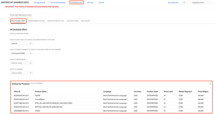 Viewing Available offers in the Sandbox Portal