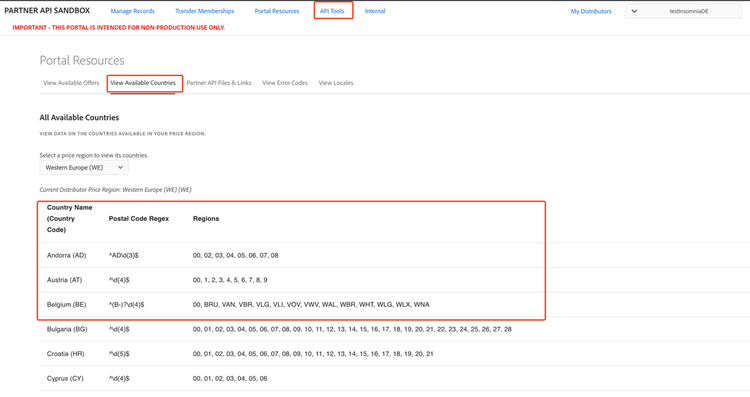 Viewing Available Countries in Sandbox Portal