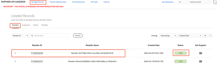 Viewing Reseller information in Sandbox Portal