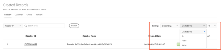 Sorting Reseller data in the Sandbox Portal