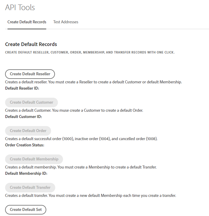 Create Default Records page