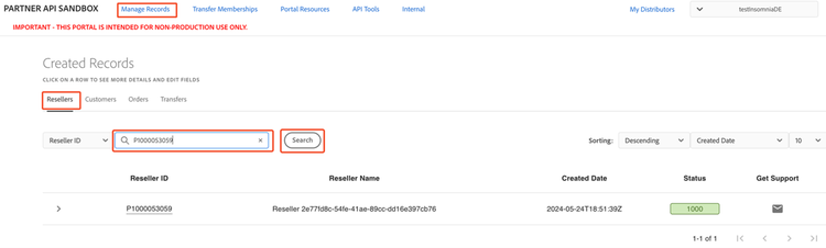Searching for a reseller in Sandbox Portal