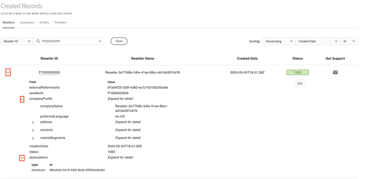Viewing reseller detailed information in the Sandbox Portal
