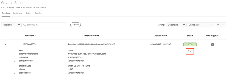 Editing Reseller details in the Sandbox Portal
