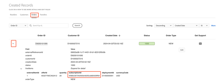 Viewing subscriptions associated with an order