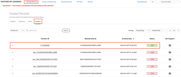 Viewing transfer details in the Sandbox Portal