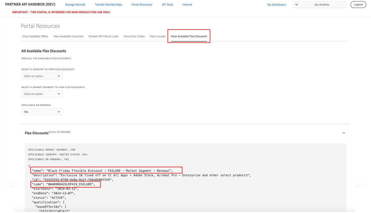 Flex discounts with name and code with the term FAILURE in it