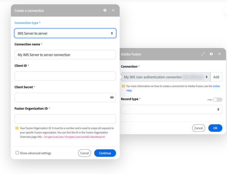 Create a connection dialog with the IMS Server to server connection type