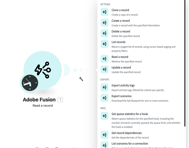 Adobe Fusion connector modules in the scenario editor
