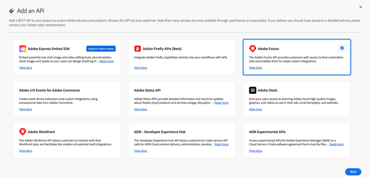 API and services page - Fusion API card