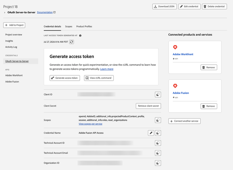 Credential details tab showing Client ID, Client Secret, Scopes, Technical Account Email and Organization ID