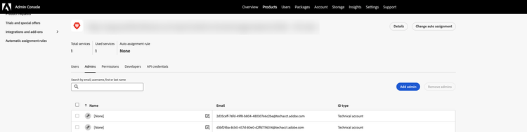 Admin Console, Workfront Fusion product, Admins tab listing technical accounts